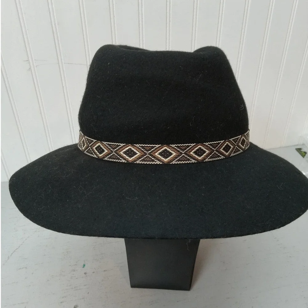 C.C Exclusives 100% Wool Fedora Hat Southwestern Geometric‎ Band Wide Brim Black